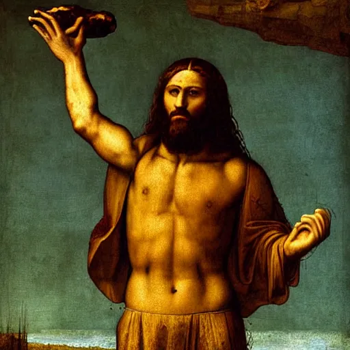 Image similar to jesus lifting a banana up into the air, digital art, emotional and powerful pose, by leonardo da vinci