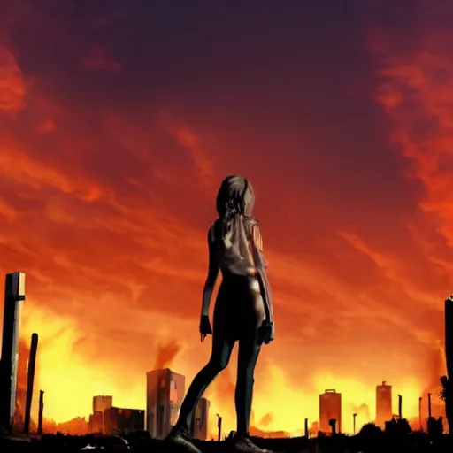 Image similar to rebel woman standing in front of a post apocalyptic city with burning red sky