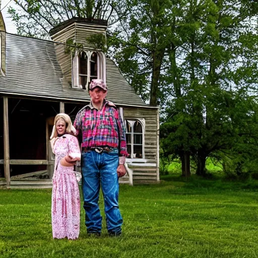 Prompt: a farmer and his daughter pose stiffly, they stand outside of their home, built in an 1 8 8 0 s style known as carpenter gothic, iowa, cinematic, midwest gothic