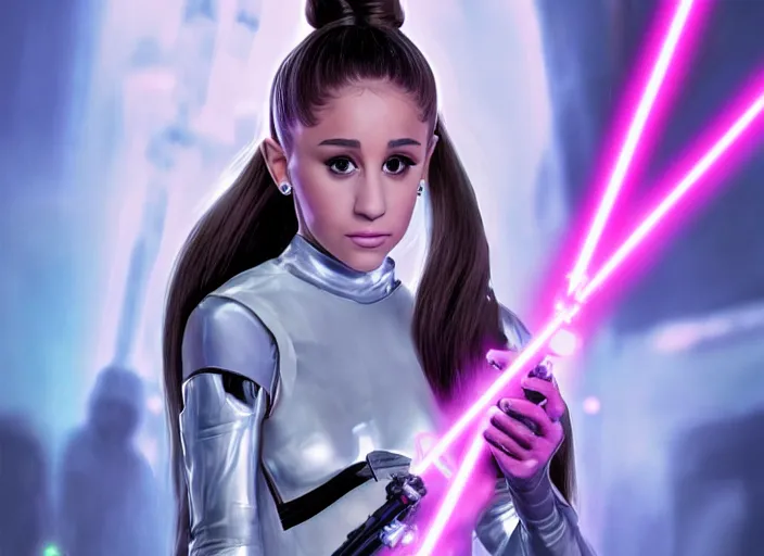 Image similar to An extremely detailed photo of Ariana Grande in the Star Wars universe with two pink lightsabers held in each hand. Maximum detail on artstation, photo realism, vivd details, vivd colour, volumetric lighting. anime art style