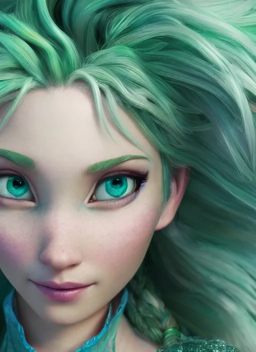 Image similar to portrait of elsa from frozen with green hair, hyper detailed, digital art, trending in artstation, cinematic lighting, studio quality, smooth render, unreal engine 5 rendered, octane rendered, art style by klimt and nixeu and ian sprigger and wlop and krenz cushart.