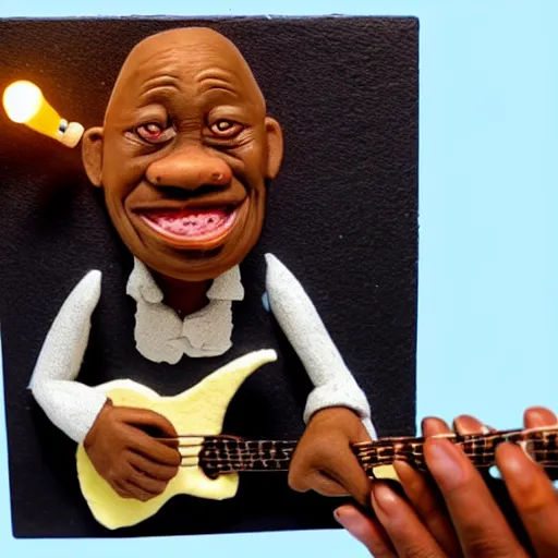 Prompt: a old black man playing guitar, surrealistic detailed claymation art, little candles, foggy