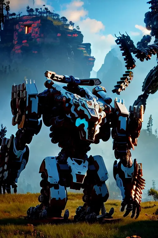 Image similar to a cinematic still from horizon zero dawn and pacific rim and westworld, full body mech, armored core, intact humanoid servo, octane render, nvidia raytracing demo, masterpiece, aged armor plating, decipticon armor plating, aggressive head, endoekeleton exposure