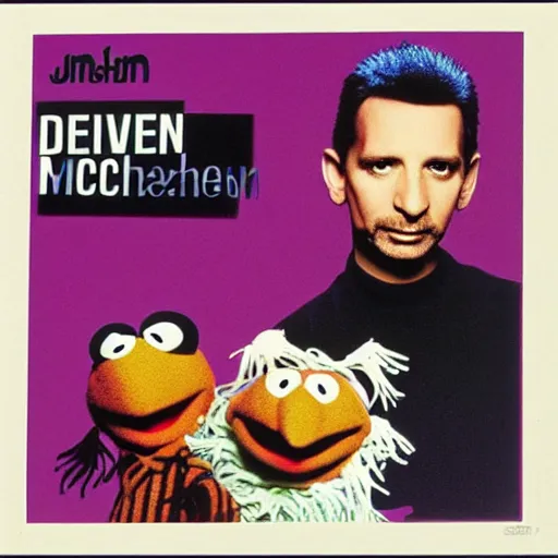 Image similar to Jim Henson Depeche mode cover art, 1982, Dave gahan, synthetizers, Muppets