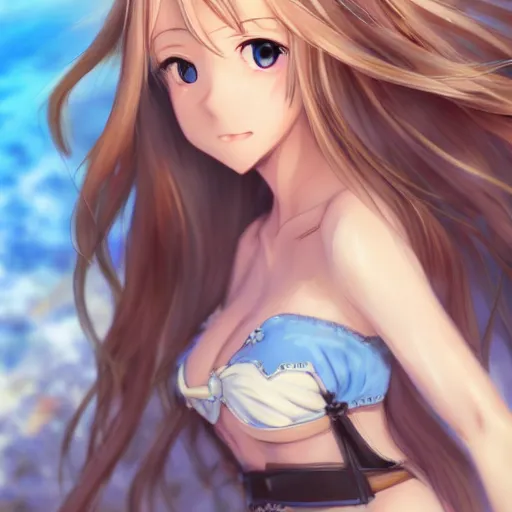 Image similar to a very beautiful mature yuuki asuna, full body, long wavy blond hair, sky blue eyes, full round face, bikini, miniskirt, front view, cute pose, highly detailed, cinematic wallpaper by stanley artgerm lau