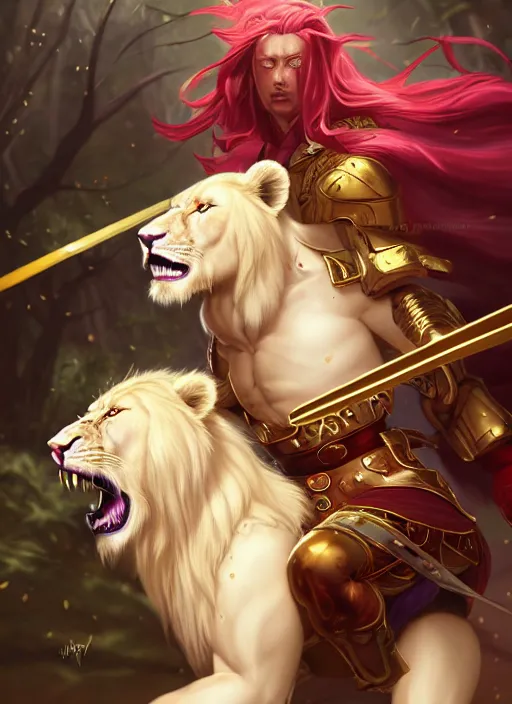 Image similar to aesthetic portrait commission of a of a male fully furry muscular anthro albino lion holding a golden katana and wearing shiny and wet heavy red and gold royal samurai full armor in a Japanese forest while storming, cinematic epic shot. Character design by charlie bowater, ross tran, artgerm, and makoto shinkai, detailed, inked, western comic book art, 2021 award winning film poster painting