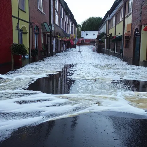 Prompt: milk flood, picture of milky waves of milk flooding through the town