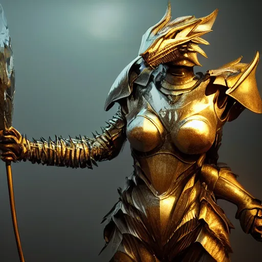 Image similar to highly detailed realistic stunning shot of a beautiful anthropomorphic female knight but as a dragon, doing a majestic and elegant pose, armor made of steel, sharp claws, HD octane render, epic cinematography, fantasy, Artstation, Deviantart, Furaffinity