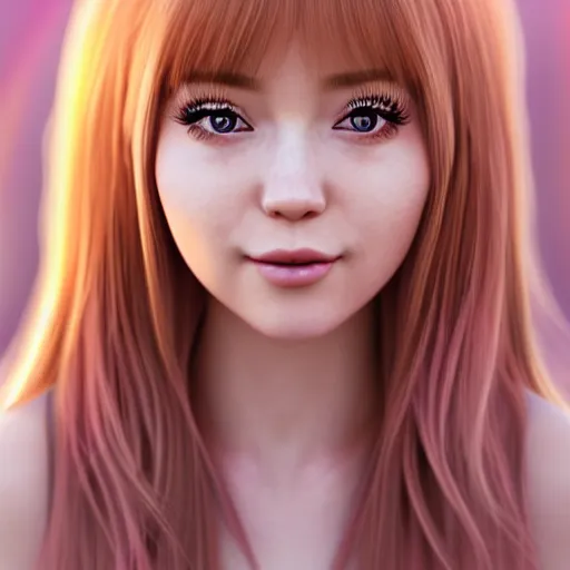Prompt: beautiful hyperrealism hyperdetailed portrait of nikki from shining nikki dress - up game, a cute young woman, light pink hair, long hair with full bangs, full heart - shaped face, hazel amber eye color, pale skin, light blush, chinese heritage,, smiling softly, golden hour, soft focus, 8 k,