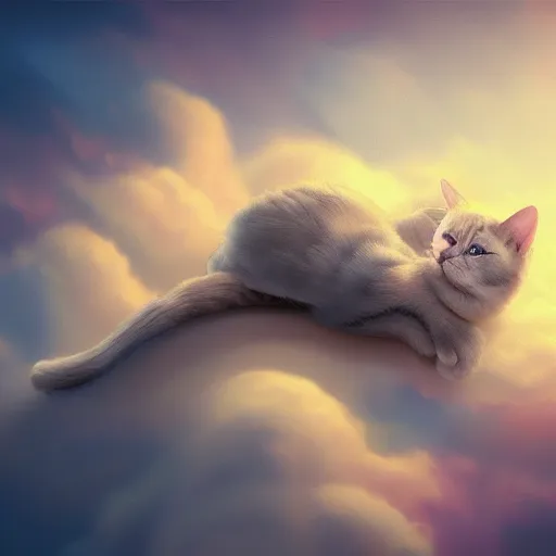 Image similar to cat with angel wings sleeping on a cloud, hyperdetailed, artstation, cgsociety, 8k