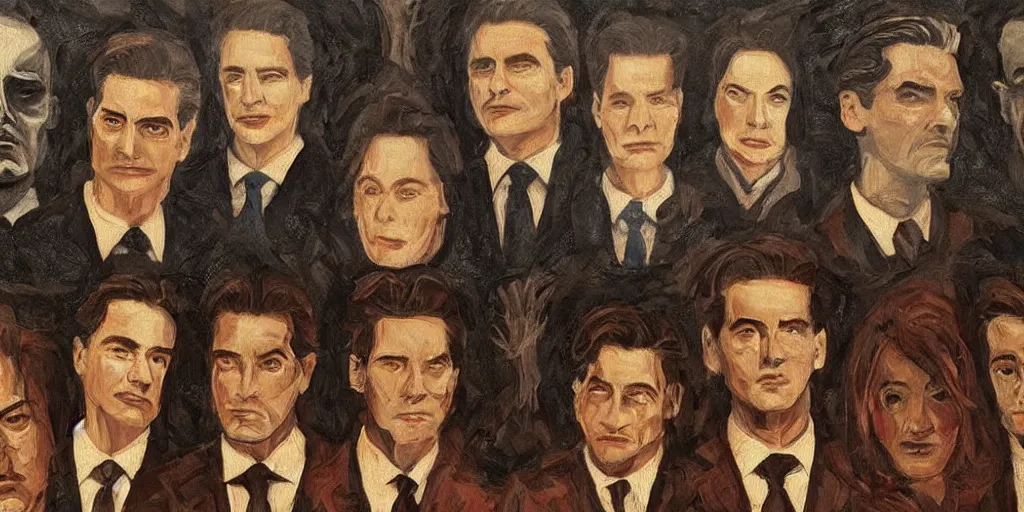 Image similar to twin peaks black lodge fresco painting, renaissance, agent cooper, dale cooper