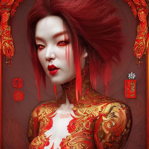 Image similar to the red alien lady, intricated traditional chinese textures, rococo decorations, hyper detail, unreal engine, octane render, by karol bak