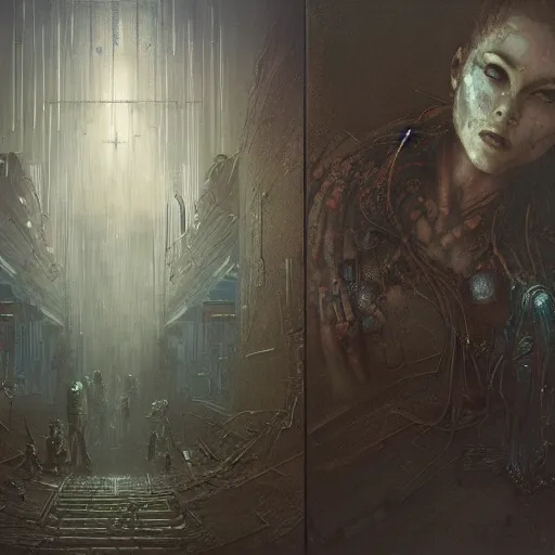 Image similar to cyberpunk dreaming by gustave dore and gustave moreau and beksinski and giger and craig mullins and jeremy mann