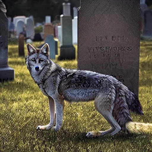 Image similar to “ skinwalkers shapeshifting into coyotes in graveyard cemetery, hyperrealistic ”