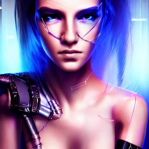 Image similar to realistic detailed portrait of Cyberpunk woman, portrait, Cyberpunk, Sci-Fi, science fantasy, glowing skin, full body, beautiful girl, extremely detailed, sharp focus, model