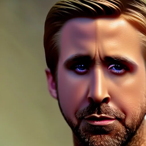 Image similar to A beautiful hyper realistic ultra detailed lifelike cinematic still of Ryan Gosling holding a cute caracal, unreal engine, deviantart, flickr, artstation, octane render, textured, colorful, extreme realistic detail, physically based rendering, pbr render, very detailed, volumetric lighting, detailed lighting, octane render, 4k, cinematic lighting, 8k resolution