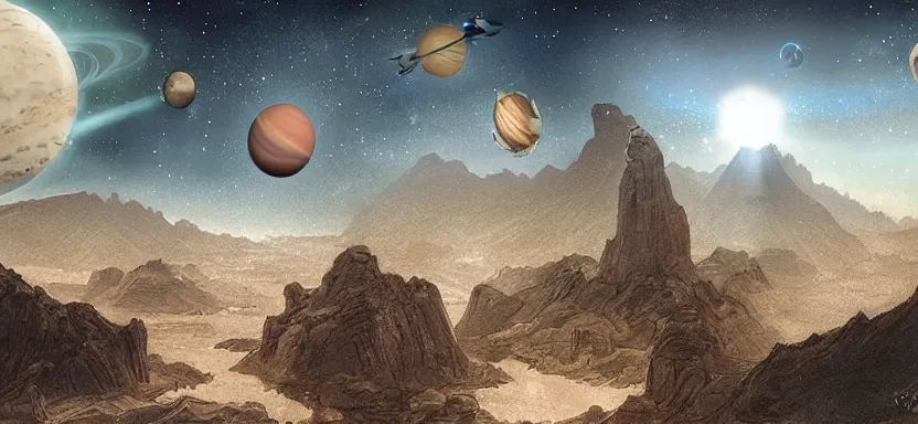 Prompt: a view of planets in the sky from horseback, medieval fantasy, digital art, extreme detail