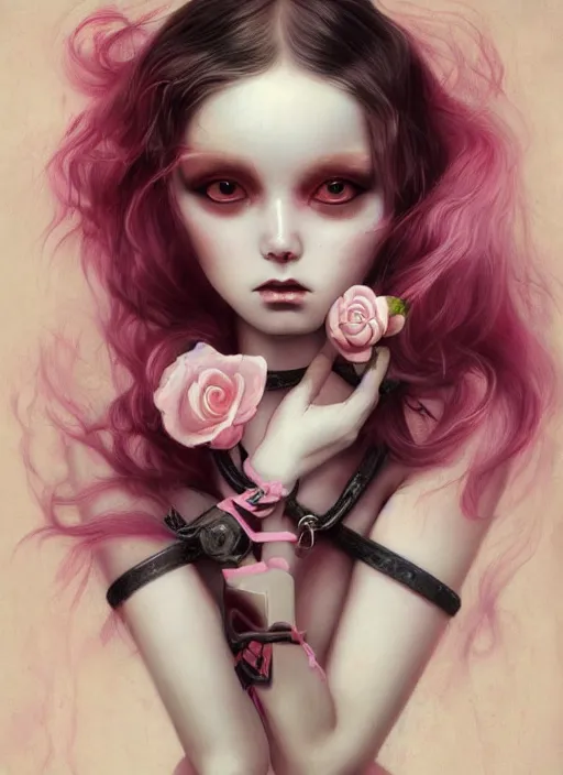 Image similar to pop surrealism, lowbrow art, realistic cute girl painting, pink body harness, shibari, hyper realism, muted colours, rococo, natalie shau, loreta lux, tom bagshaw, trevor brown style,