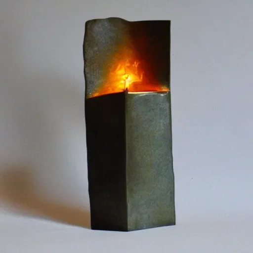 Prompt: minimalist abstract bronze and glass sculpture of a flame