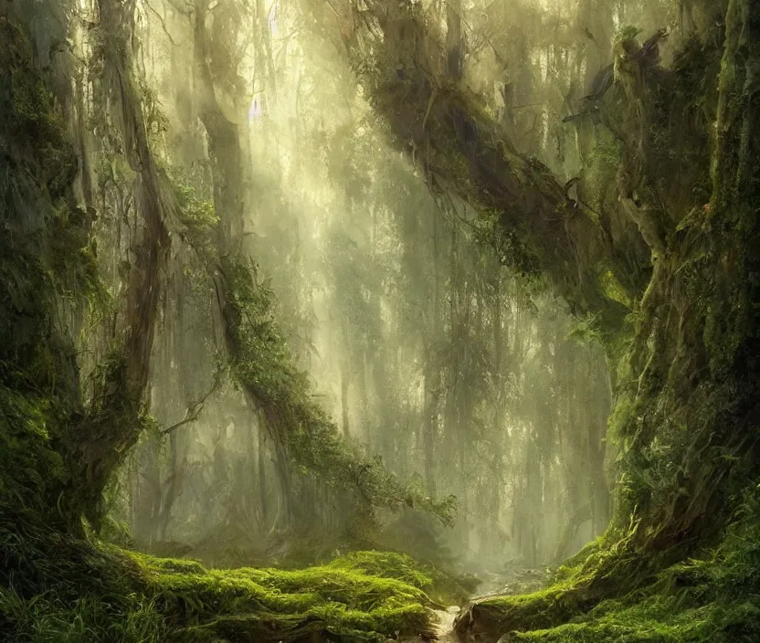 Prompt: most epic landscape, epic cinematic hyperrealism masterpiece. realistic poster with shaded lighting by craig mallismo, artgerm, jeremy lipkin and michael garmash, unreal engine, radiant light, detailed and complex environment, digital art, art station trends, environmental portrait, low angle, 3 5 mm, forest path, misty, vines, fern, moss