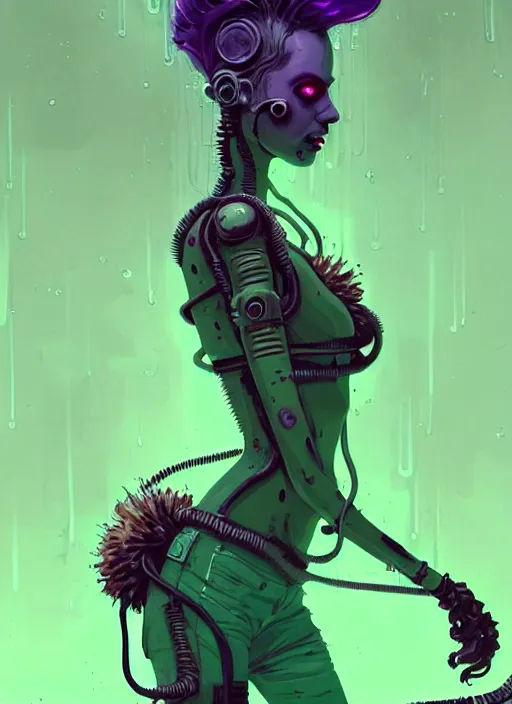 Image similar to highly detailed portrait of a beautiful wasteland punk long dripping green poison hair tribal lady, stray wiring by atey ghailan, james gilleard, by joe fenton, by greg rutkowski, by greg tocchini, by kaethe butcher, 4 k resolution, gradient purple, brown black and white color scheme!!! ( ( green flaming robotic sewer background ) )