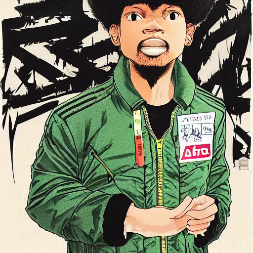 Image similar to illustration by katsuhiro otomo, black man with afro hair, stubble, wearing an adidas army green jacket, in the streets of tokyo, akira style, by katsuhiro otomo