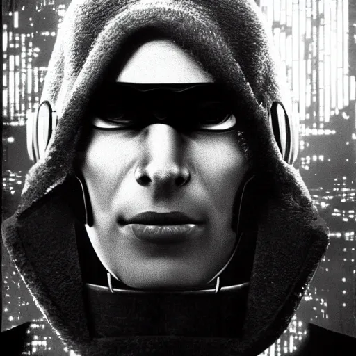 Prompt: 1960s cyberpunk portrait, Cold War cyberpunk spy, electronics in face, ultra detailed, vintage photograph