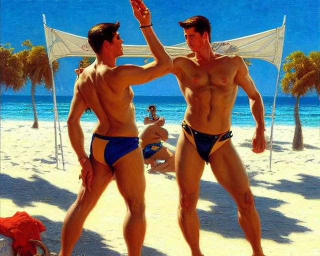 Image similar to top gun beach volleyball scene, cool colors, painting by gaston bussiere, craig mullins, j. c. leyendecker, tom of finland