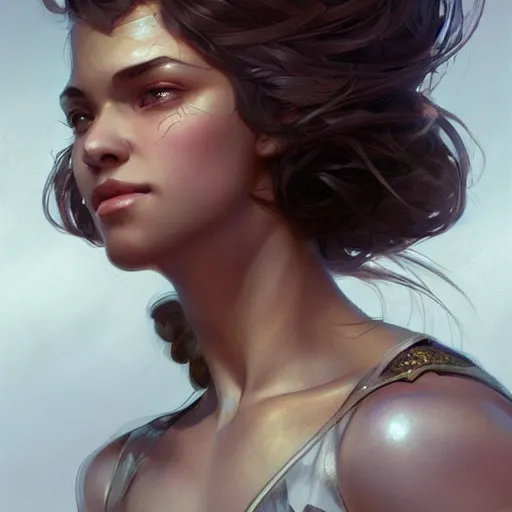 Image similar to beautiful, strong, mixed race, female, face, head shot, fantasy, highly detailed, digital painting, artstation, concept art, smooth, sharp focus, illustration, art by artgerm and greg rutkowski and alphonse mucha