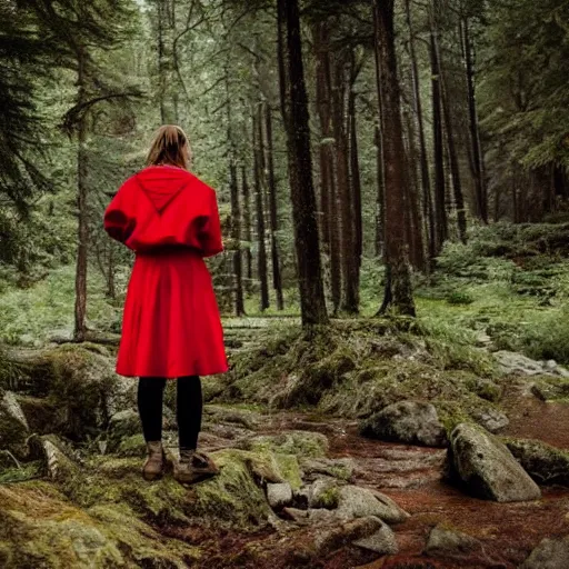 Prompt: Women in red near a lake in a forest between mountains