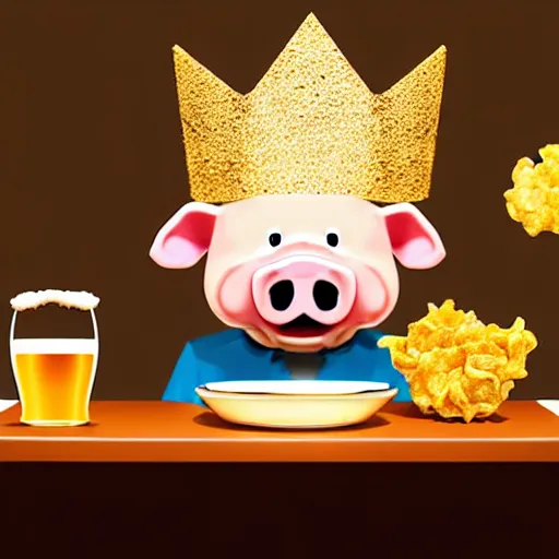 Prompt: realistic photo of a cute puppet pig wearing a gold crown drinking beer and eating a bowl pork rinds a table with a bib on, high quality, cinematic concept art