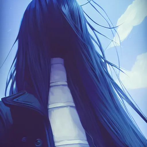 Prompt: low - angle shot from behind of a long blue - haired girl in a tailcoat looking up at the tower, combat boots, noir, screenshot, sharp focus, intricate, illustration, cell shaded, digital painting, highly detailed, straight hair, art by ilya kuvshinov, wlop, greg rutkowski, studio quality, james jean