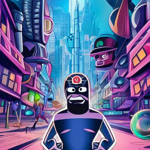 Prompt: a photo of mojo jojo of cartoon network in a futuristic chaotic city