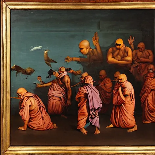 Image similar to blindfolded hindu monks following giant crow greek senete baroque painting, lionardo davinchi