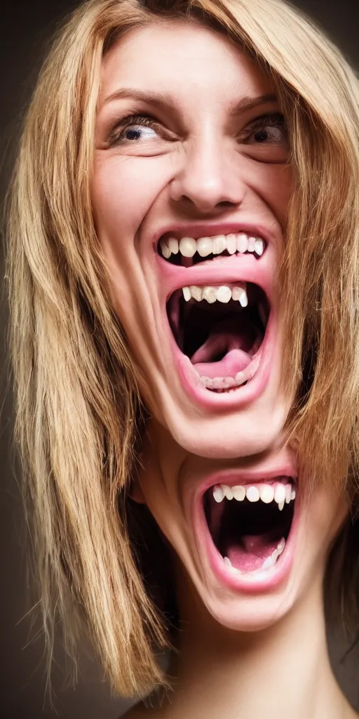 Image similar to a normal smiling woman with very long neck and sharp teeth smiling, scary, 50mm