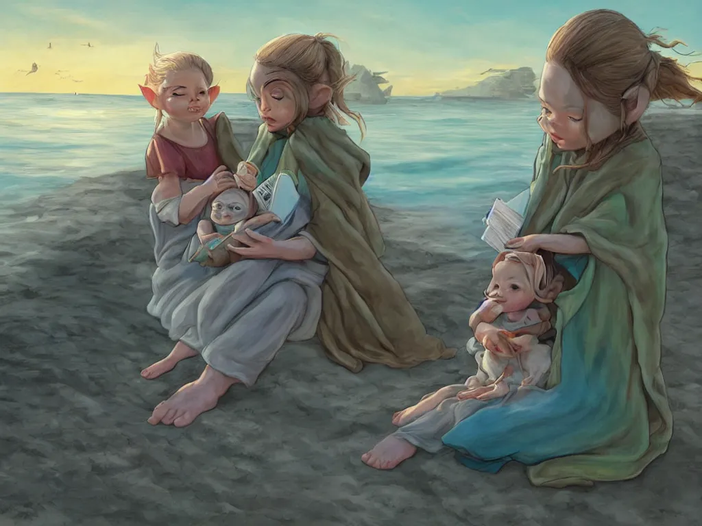 Prompt: a girl reading a book by the sea with Baby Yoda by her side, in the style of Greg Rutkowsky, digital art, very detailed, high definition