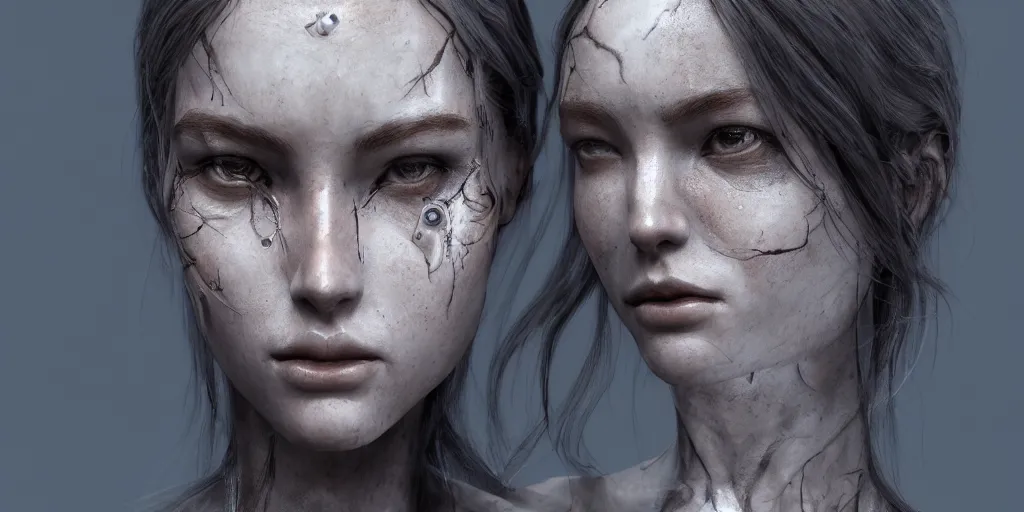 Image similar to photorealistic gorgeous symmetrical female cyborg, holding intimately, holding hands, highly detailed, arms, back, intricate, in the style of beth cavener, jin kagetsu, wlop, masterpiece, concept art, high key lighting, ambient lighting, octane render, 8 k, artstation
