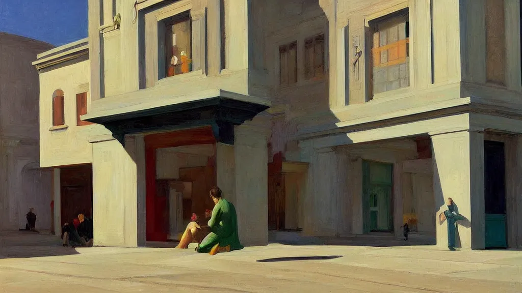 Image similar to Street art. paralyzed by the indescribable beauty of the cosmos. facade of the entrance to the museum. art style by Edward Hopper daring, incredible