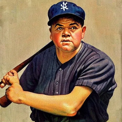 Image similar to a portrait painting of Babe Ruth. lifelike. Looks exactly like him. Painted by Norman Rockwell