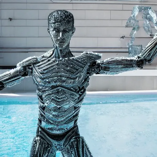 Image similar to made of ice, a realistic detailed photo of a guy who is an attractive humanoid who is half robot and half humanoid, who is a male android, on display, blank stare, showing off his muscles, shiny skin, posing like a statue, by the pool, frozen ice statue, twitch streamer / gamer ludwig, humanoid robot