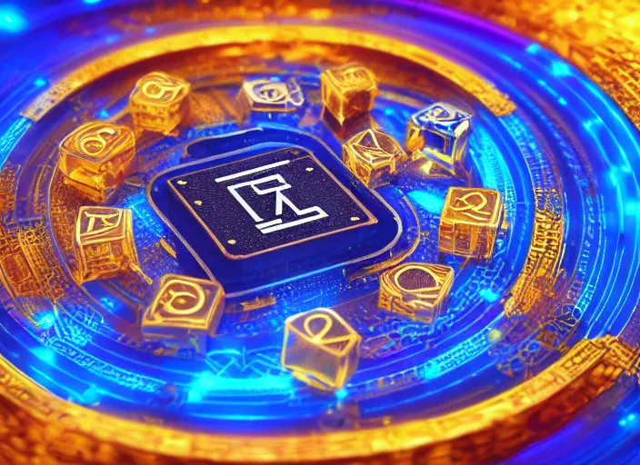 Image similar to flat square magic golden computer chip with runes and a glowing blue crystal in the center, mana flowing around it, product photo, macro, dynamic composition, hyperrealism, octane render, trending on artstation, unreal engine 5, 4 k, 8 k