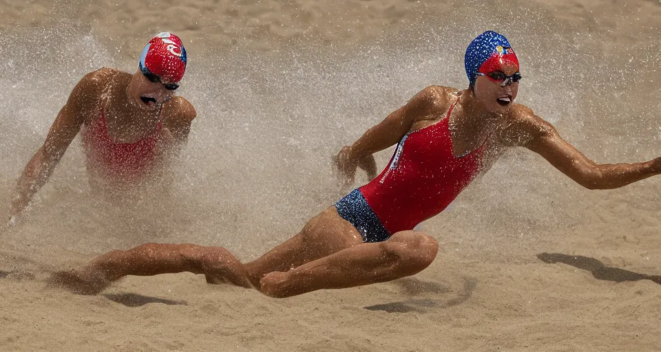 Image similar to olympic swimming in sand instead of water, extremely coherent, motion blur