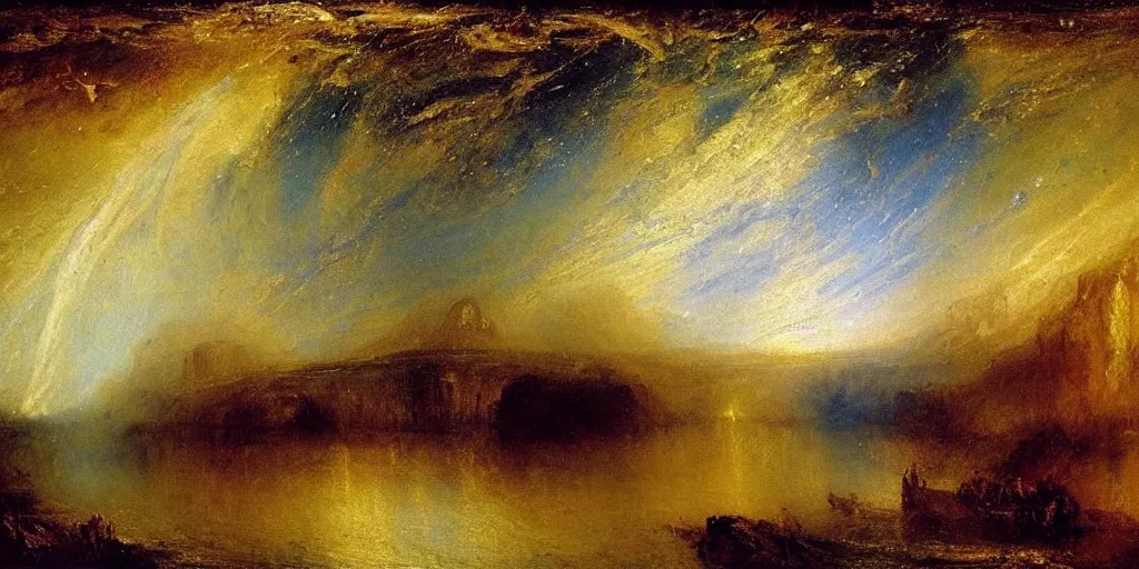 Prompt: stunning river landscape with sky full of galaxies by j. m. w turner