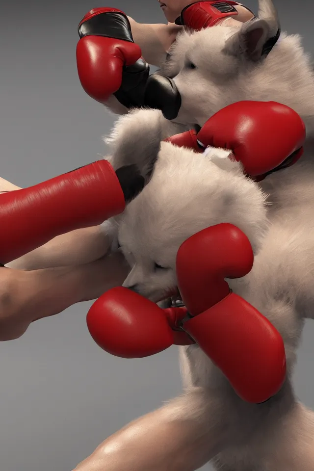 Image similar to samoyed dog head on a human body as a muay thai kickboxer, gloves on hands, Wai Kru Ram Muay, Rajadamnern Stadium, world championship fight, photorealistic, cinematic lighting, 4k