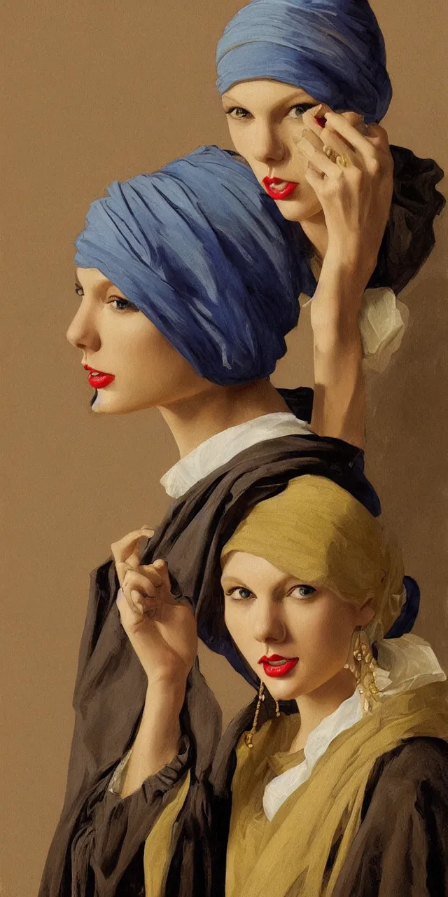 Image similar to Taylor Swift as the girl with the pearl earring, highly detailed, digital painting, artstation, concept art, smooth, sharp focus, illustration, ArtStation, art by artgerm and greg rutkowski and alphonse mucha and J. C. Leyendecker and Edmund Blair Leighton and Katsuhiro Otomo and Geof Darrow and Phil hale and Ashley wood and Ilya repin and Charlie Bowater