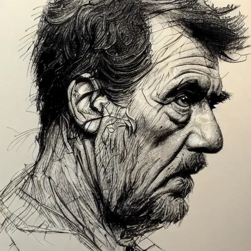 Prompt: a realistic yet scraggly portrait sketch of the side profile of a stern and sophisticated kramer, trending on artstation, intricate details, in the style of frank auerbach, in the style of sergio aragones, in the style of martin ansin, in the style of david aja, in the style of mattias adolfsson