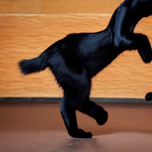 Image similar to a detailed professional photo of a black cat dancing, the cat has high heels on