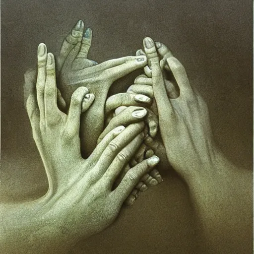Prompt: hand and arm reaching out of thick fog, fingers clasped together, extremely detailed, intricate, zdzislaw beksinski