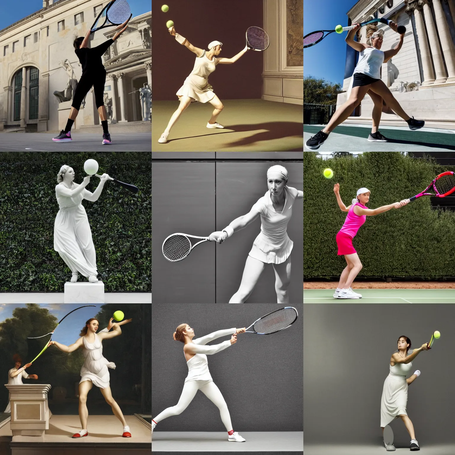 Prompt: a woman swinging a tennis racket at a tennis ball, a marble sculpture by anna and elena balbusso, featured on dribble, neoclassicism, associated press photo, uhd image, dynamic pose