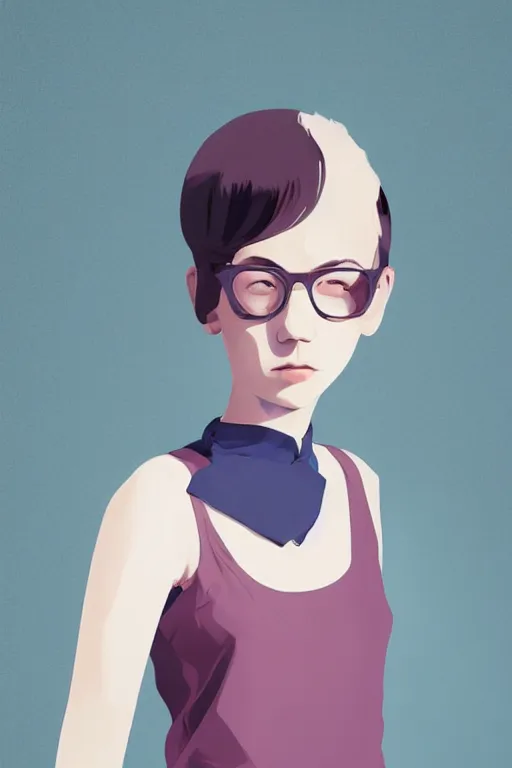 Image similar to a cute girl with shoulder - length white short hair wearing school uniform, mauve background, white hair, dark blue clothes double ball head, sharp focus, pure background color, illustration, morandi color scheme, art station, by ilya kuvshinov